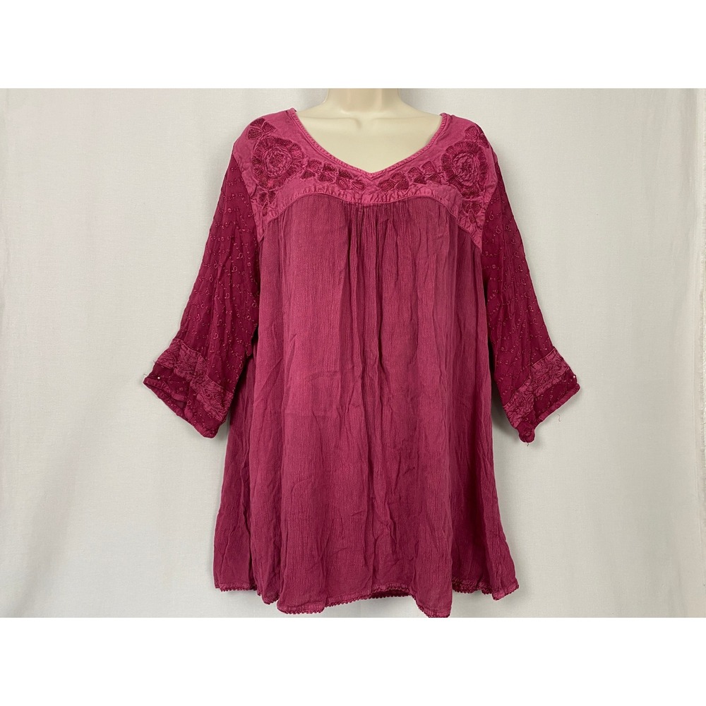 Parsley & Sage Tunic Women 3X Magenta Embroidered Sheer Sleeve Boho Lagenlook